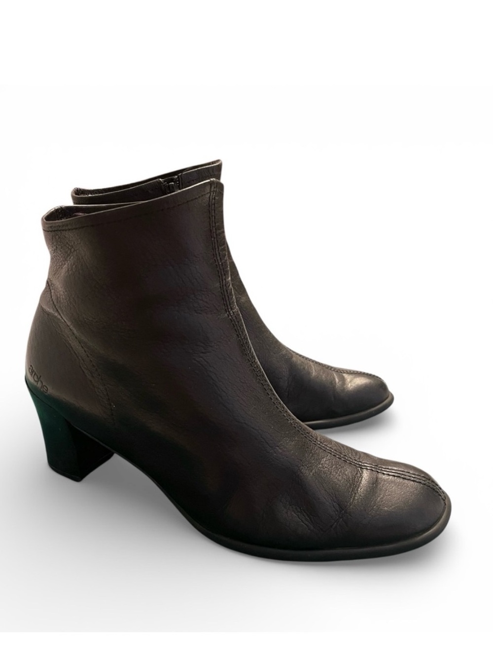 Arche Black Leather Ankle Boot Block Heel Zip Up Booties 9